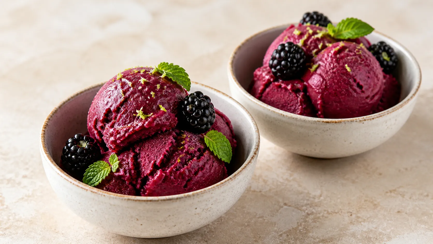 Dunkelviolettes Brombeer-Sorbet in zwei Schalen mit Limettenzeste und frischen Brombeeren als Garnitur