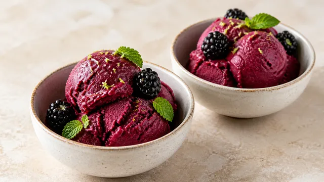 Dunkelviolettes Brombeer-Sorbet in zwei Schalen mit Limettenzeste und frischen Brombeeren als Garnitur