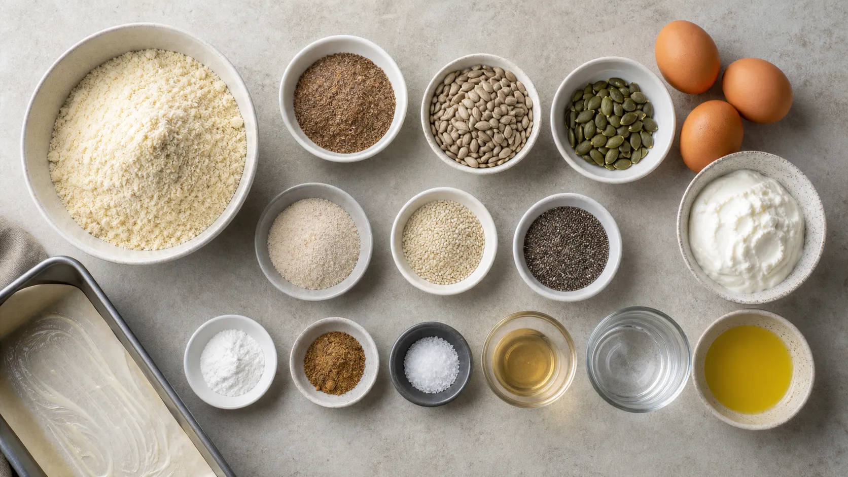 Zutaten für Keto-Körnerbrot mit Mandelmehl, Saaten, Eiern, Quark und Flohsamenschalen als Flatlay