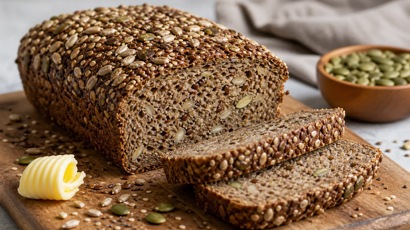 Aufgeschnittenes Keto-Körnerbrot mit Saatenkruste und dichter Krume auf einem Holzbrett