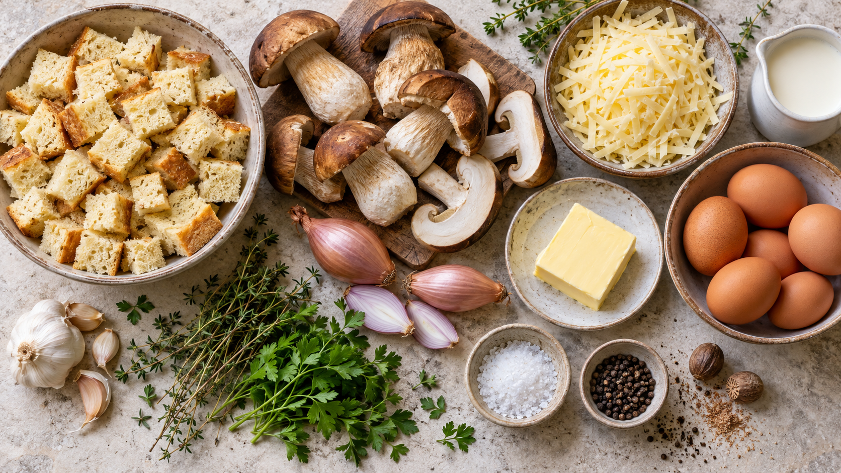 Eier-Sahne-Guss wird über die Brotwürfel und angebratenen Steinpilze in der Auflaufform gegossen