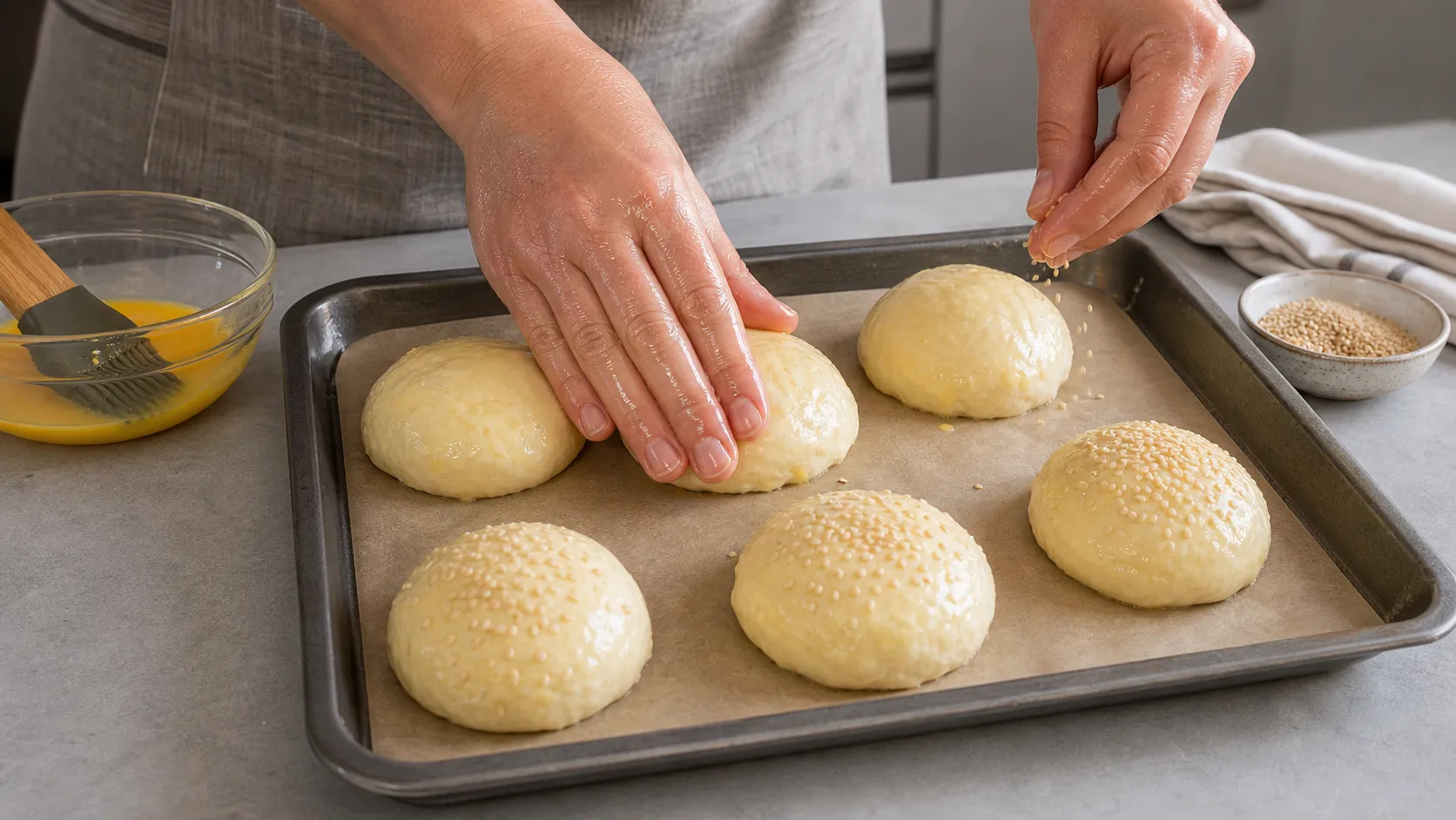 Geformte Keto-Burger-Buns werden auf dem Backblech mit Eigelb bestrichen und mit Sesam bestreut