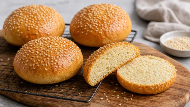 Goldbraune Keto-Burger-Buns mit Sesam und aufgeschnittener lockerer Krume auf einem Holzbrett