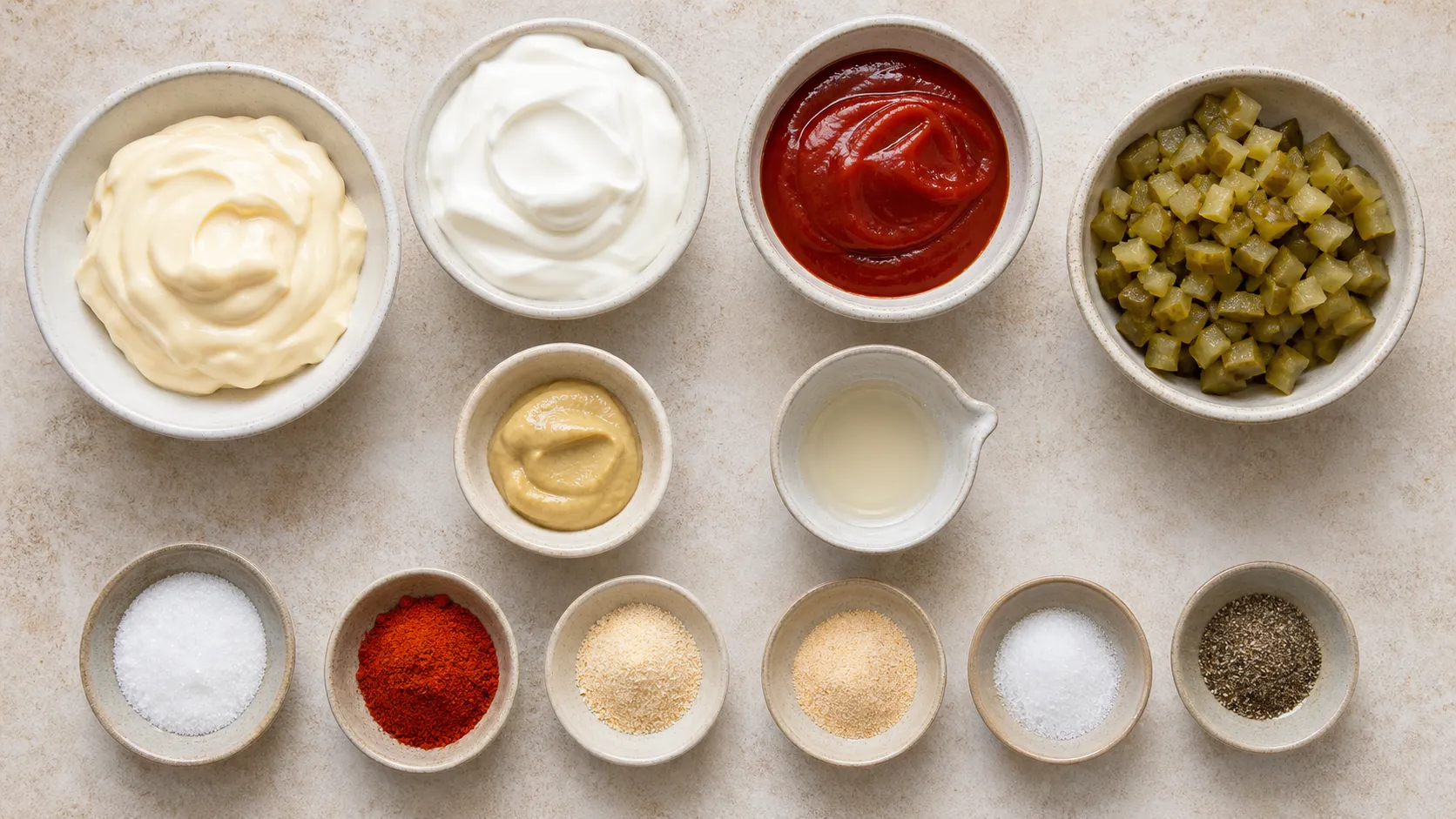 Zutaten für Keto Burger-Sauce: Mayonnaise, Crème fraîche, zuckerfreier Ketchup, Gewürzgurken und Gewürze