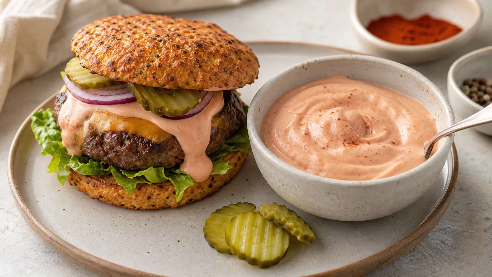 Cremige Keto Burger-Sauce in einer Schale neben einem Keto-Burger