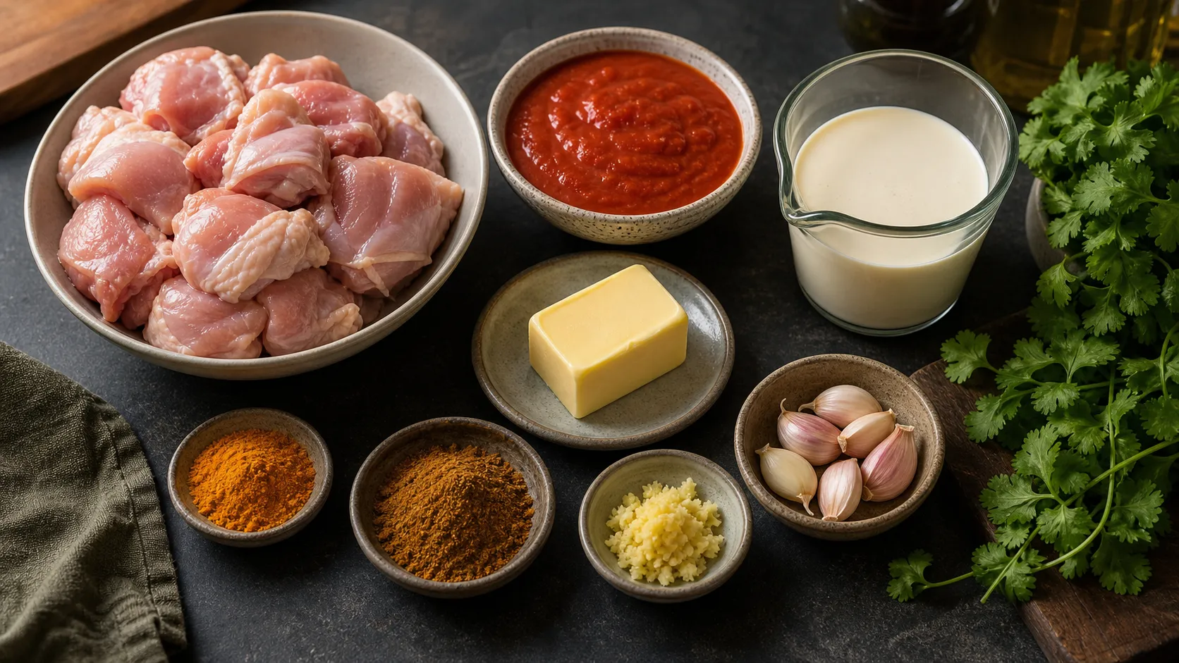 Zutaten für die Keto Butter-Chicken-Pfanne: Hähnchenschenkel, Butter, passierte Tomaten, Sahne, Garam Masala, Kurkuma, Ingwer, Knoblauch und Koriander