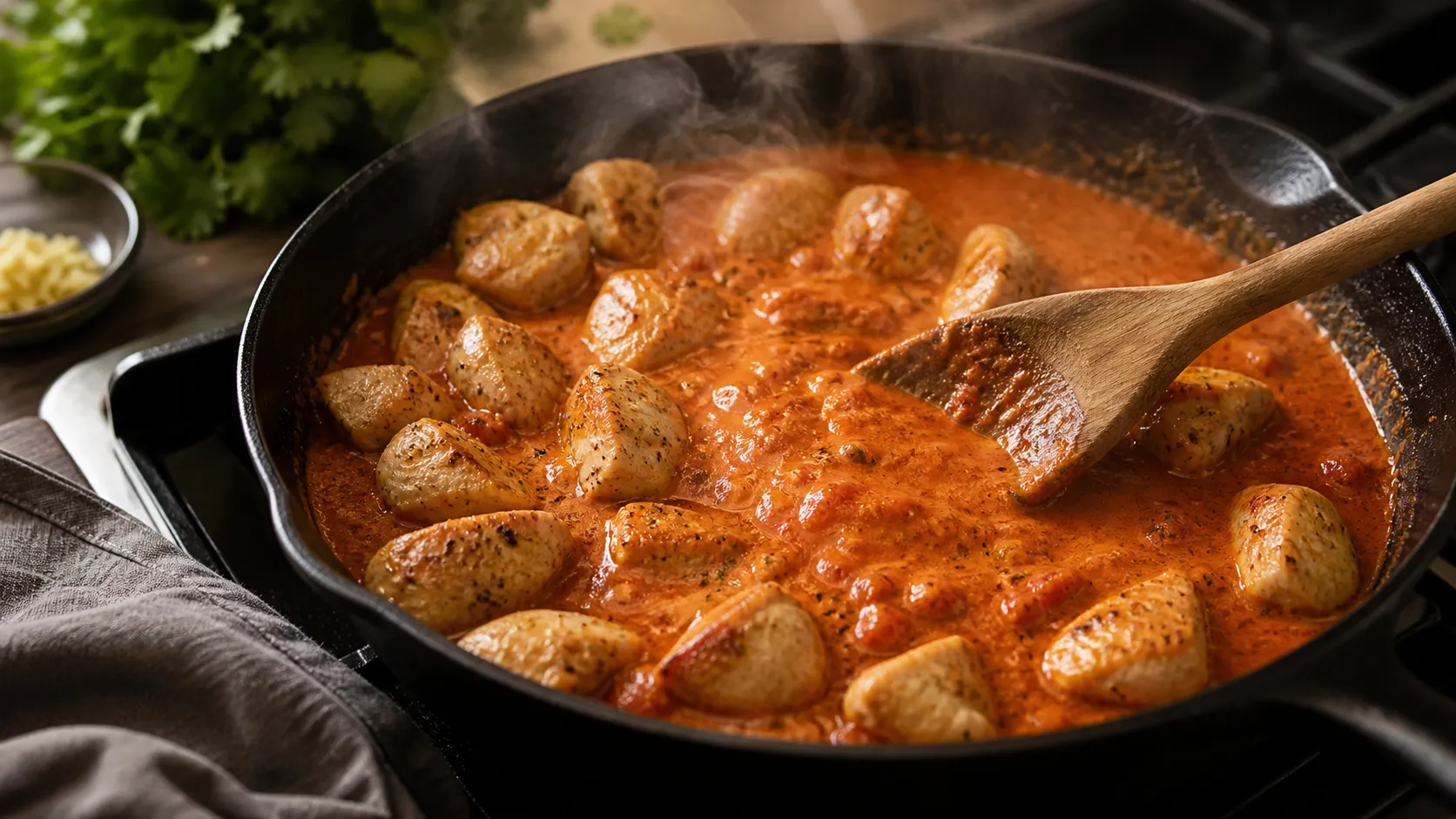 Hähnchenstücke werden in Butter angebraten und dann in cremiger Tomaten-Sahne-Sauce gekocht für die Keto Butter-Chicken-Pfanne
