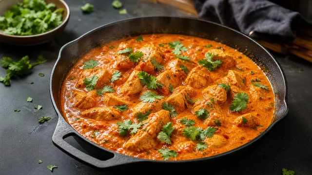 Keto Butter-Chicken-Pfanne mit cremiger orangeroter Tomaten-Sahne-Sauce und Hähnchenstücken, garniert mit Koriander in einer dunklen Pfanne