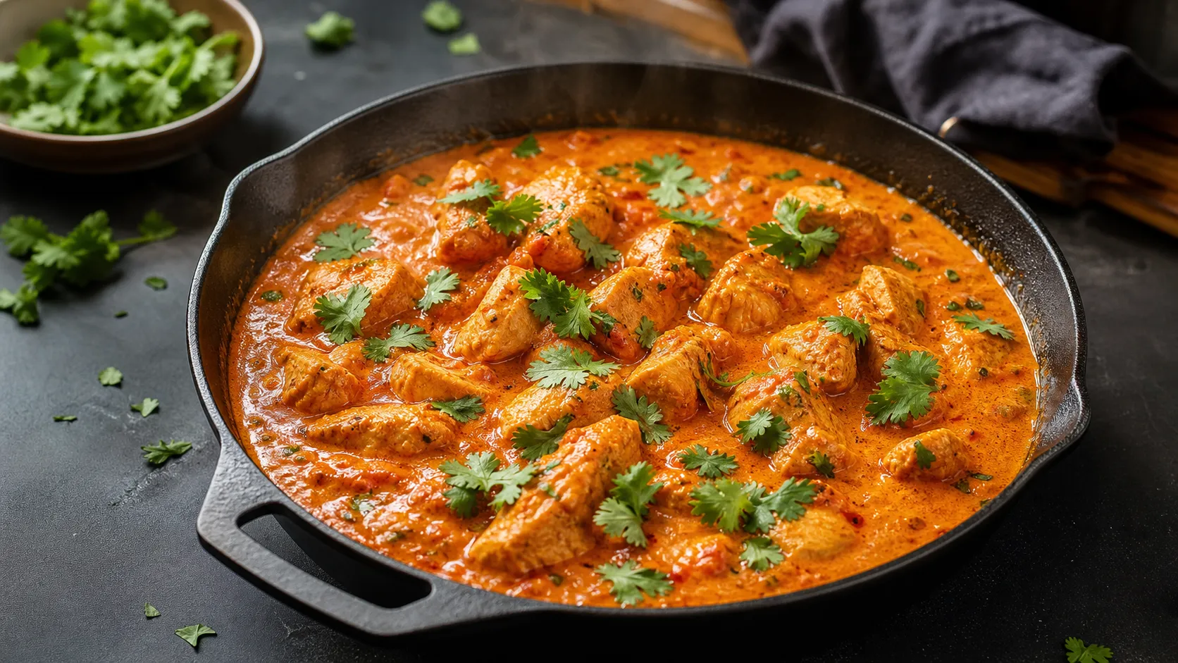 Keto Butter-Chicken-Pfanne mit cremiger orangeroter Tomaten-Sahne-Sauce und Hähnchenstücken, garniert mit Koriander in einer dunklen Pfanne