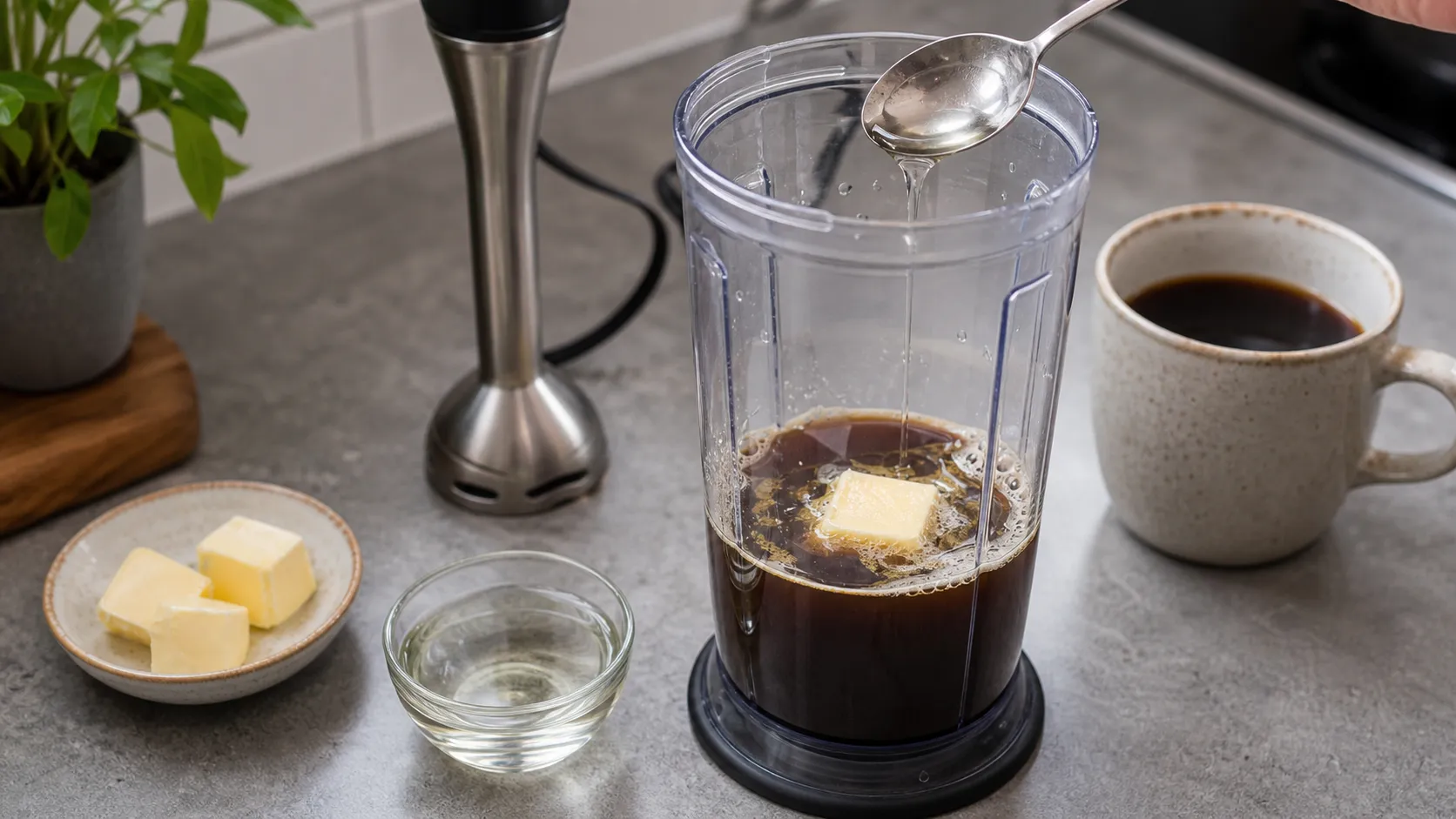 Heißer Kaffee mit Butter und MCT-Öl in einem Mixbecher vor dem Aufmixen