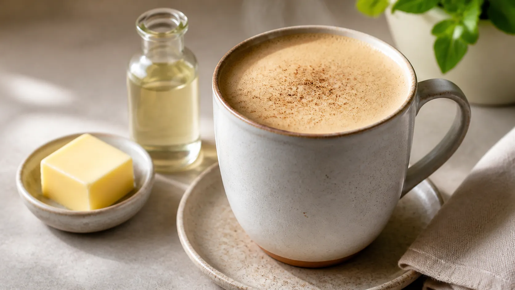 Cremiger Butterkaffee mit feinem Schaum in einer hohen Tasse, daneben ein Stück Weidebutter und eine kleine Flasche MCT-Öl
