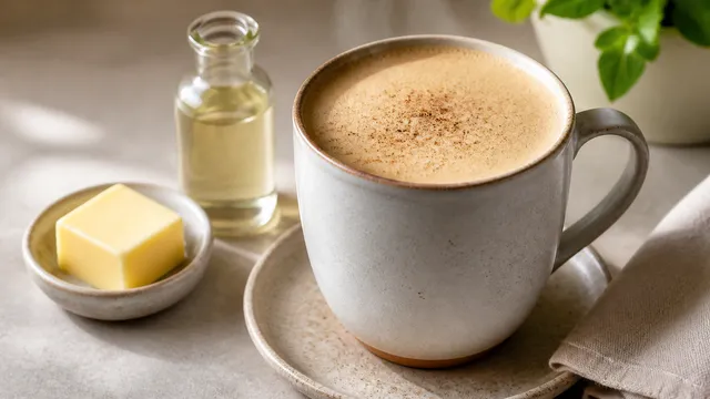 Cremiger Butterkaffee mit feinem Schaum in einer hohen Tasse, daneben ein Stück Weidebutter und eine kleine Flasche MCT-Öl