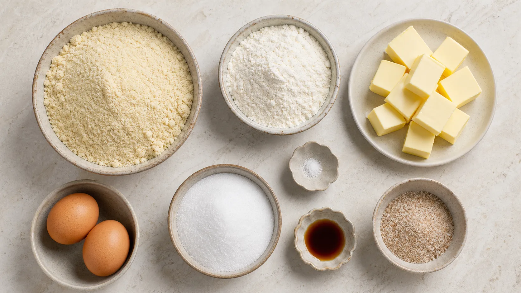 Zutaten für Keto Butterplätzchen: Mandelmehl, Kokosmehl, Butter, Eier, Erythrit und Flohsamenschalen