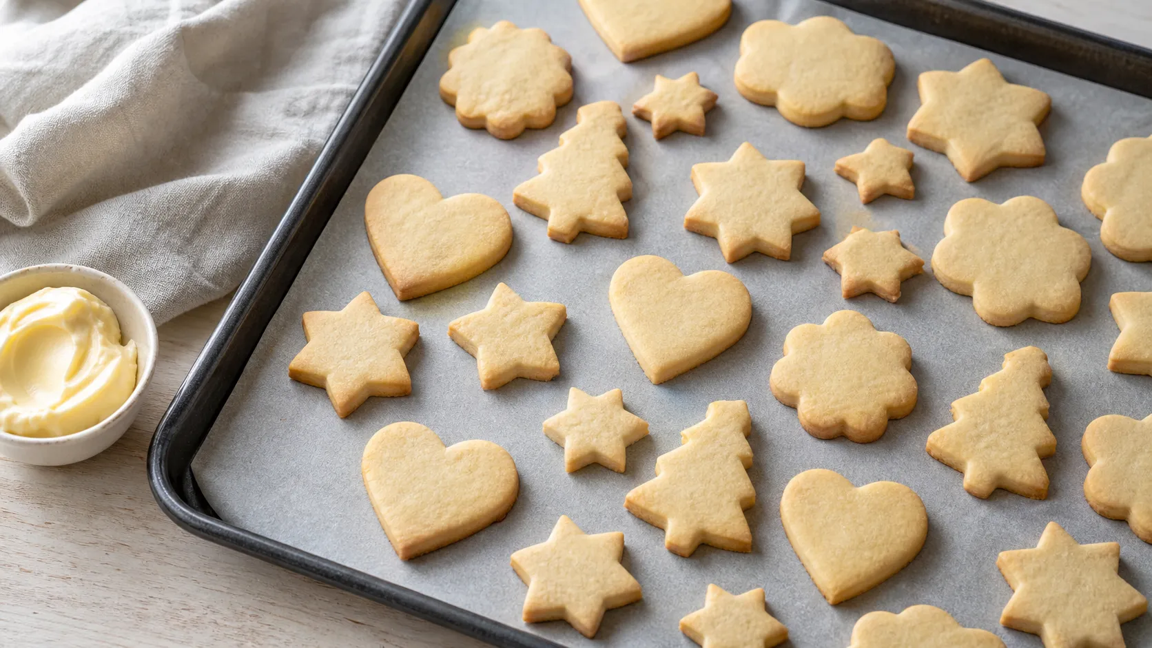 Keto Butterplätzchen in verschiedenen Ausstechformen auf einem Blech
