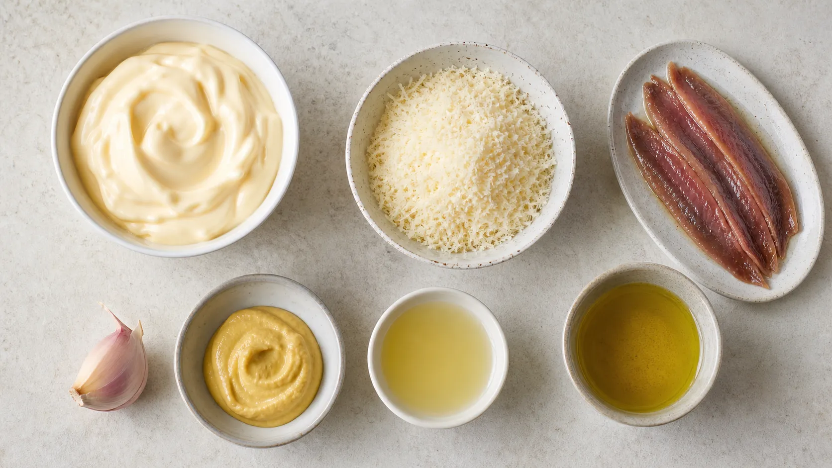 Zutaten für Keto Caesar-Dressing: Mayonnaise, Parmesan, Sardellenfilets, Knoblauch, Zitrone und Dijon-Senf
