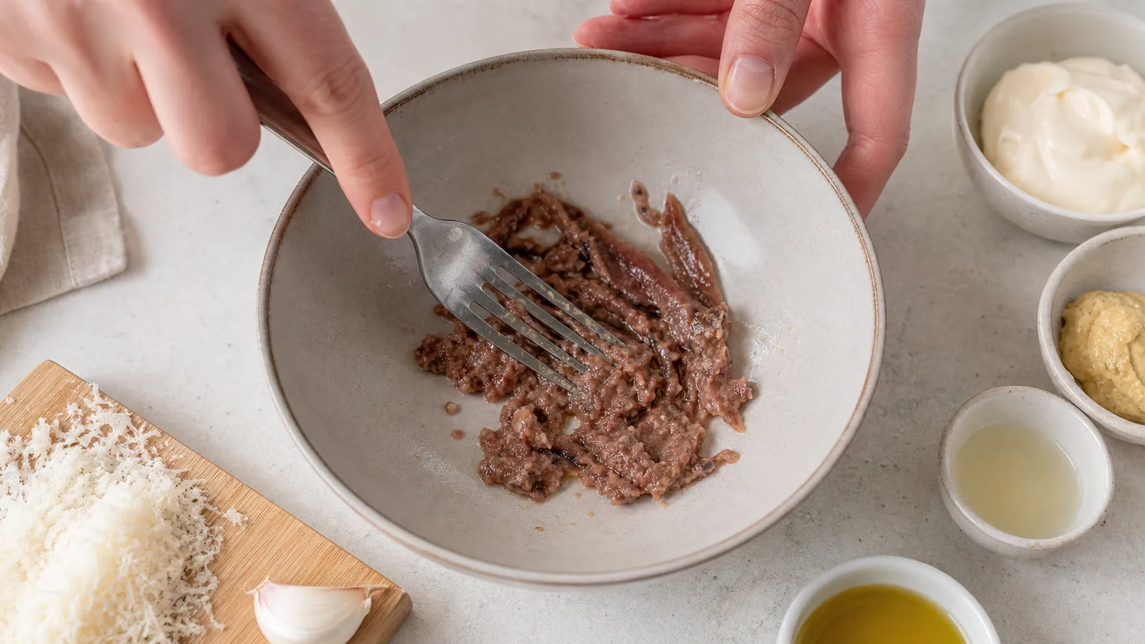 Sardellenfilets werden mit einer Gabel zu einer Paste zerdrückt