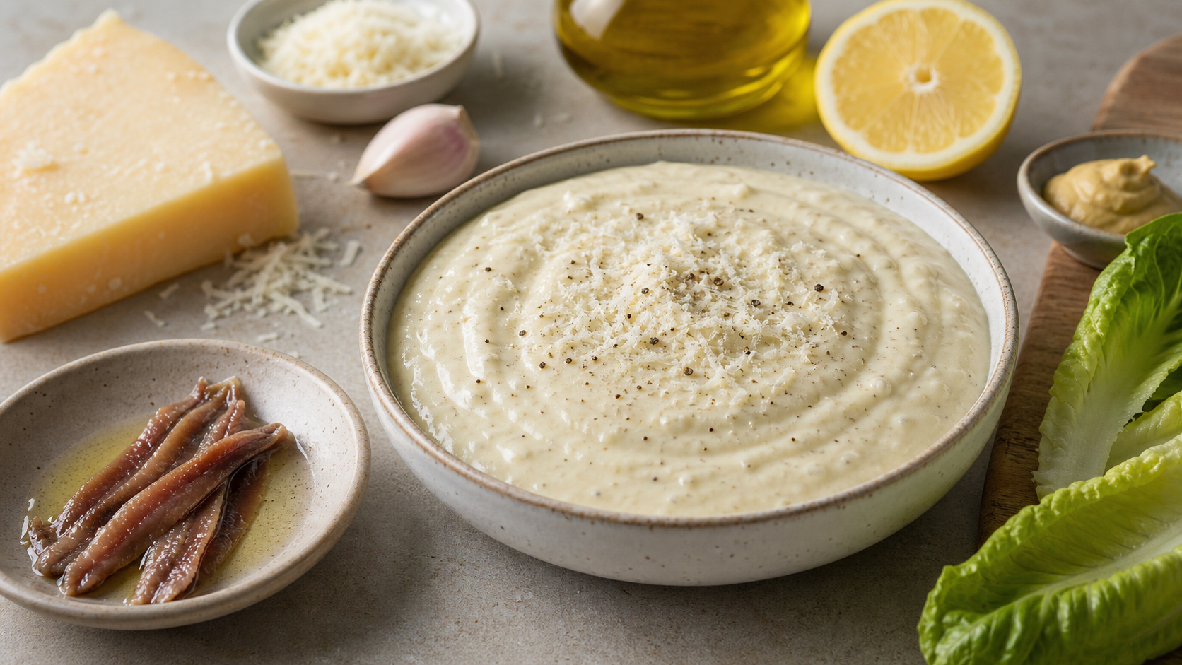 Cremiges Keto Caesar-Dressing in einer Schale mit geriebenem Parmesan