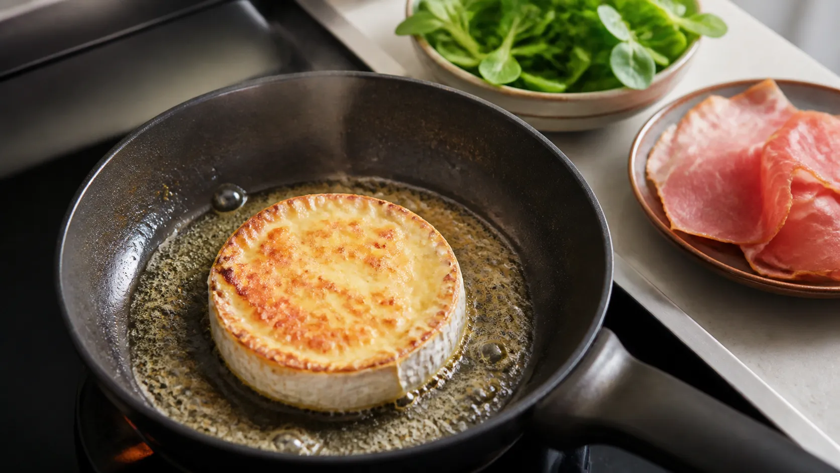 Camembert brät in geschmolzener Butter in einer kleinen Pfanne goldbraun an