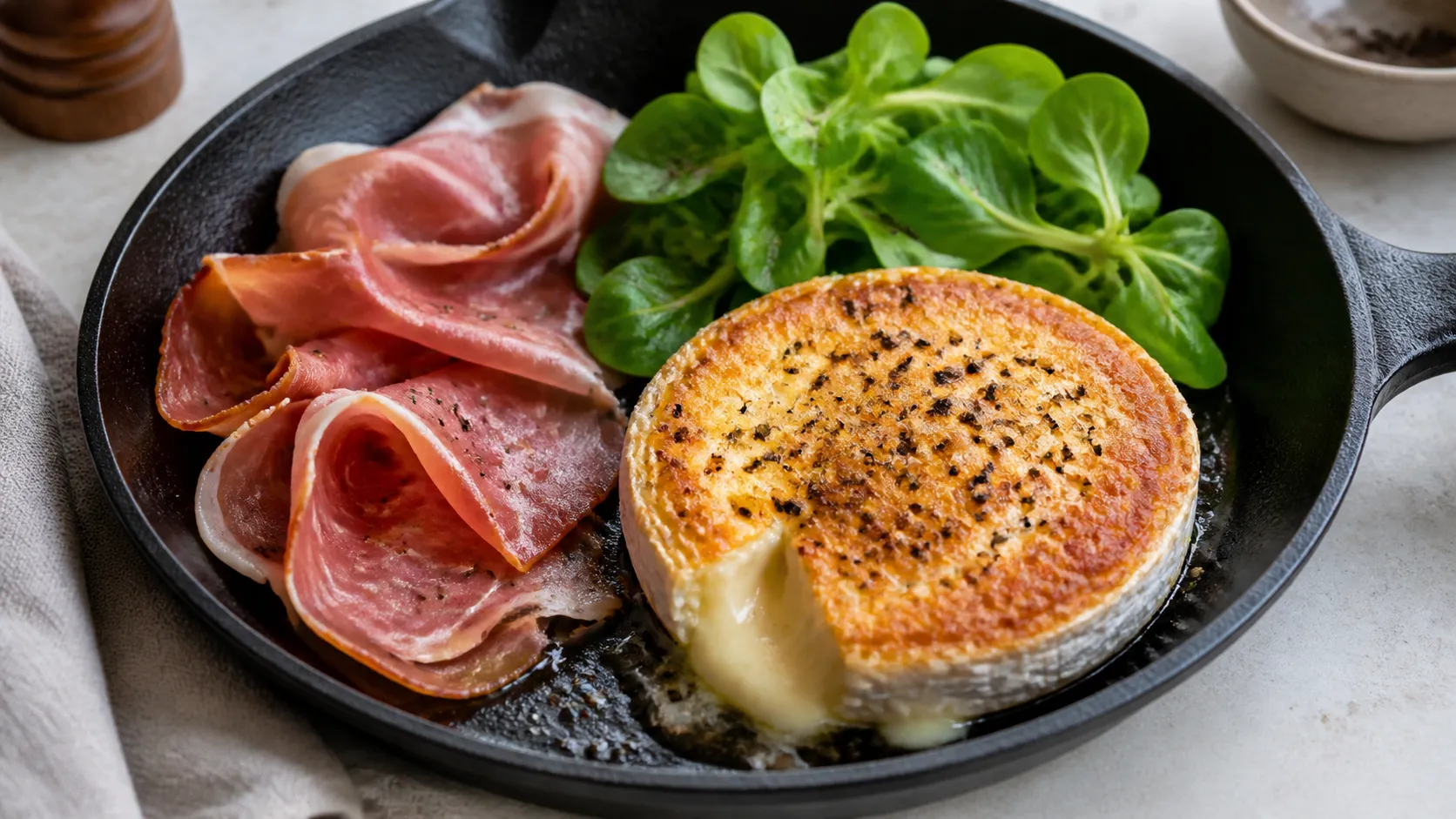 Goldbraun gebratener Camembert in einer kleinen Pfanne, daneben Scheiben luftgetrockneter Serrano-Schinken und ein paar Salatblätter