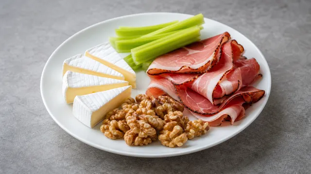 Keto-Frühstücksteller mit Camembert, Walnüssen, Schwarzwälder Schinken und Selleriesticks