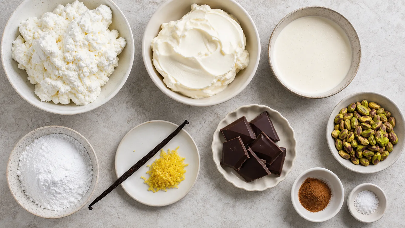 Zutaten für Keto-Cannoli-Creme: Ricotta, Mascarpone, Sahne, Erythrit, Vanilleschote, Zitrone, Zartbitterschokolade und Pistazien