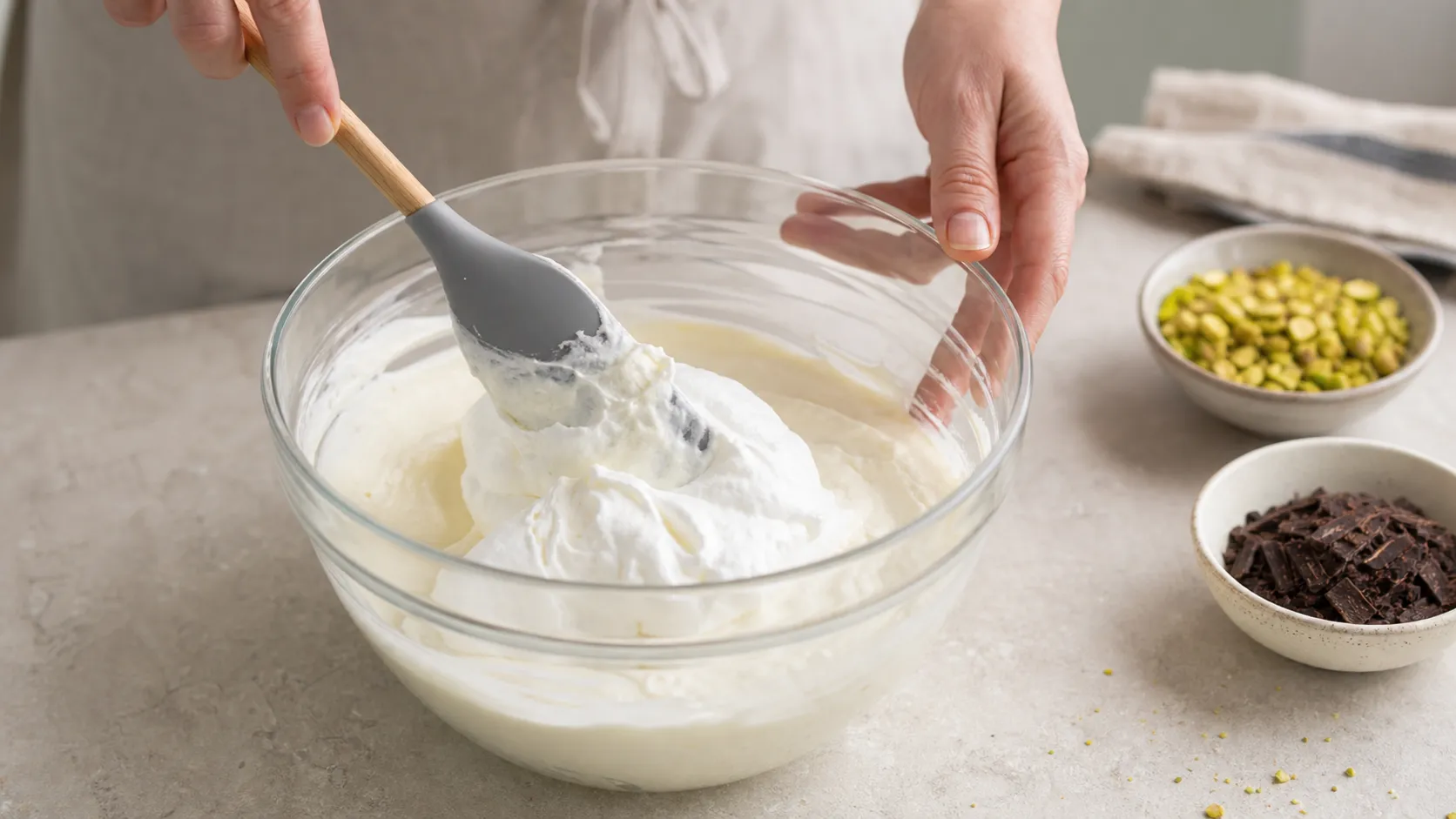 Geschlagene Sahne wird unter die Ricotta-Masse gehoben, daneben gehackte Pistazien und Schokolade
