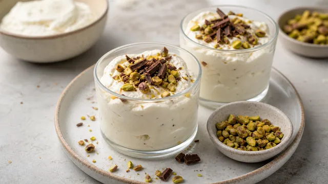 Zwei Gläser mit cremiger Ricotta-Cannoli-Creme, bestreut mit gehackten Pistazien und Schokoladensplittern