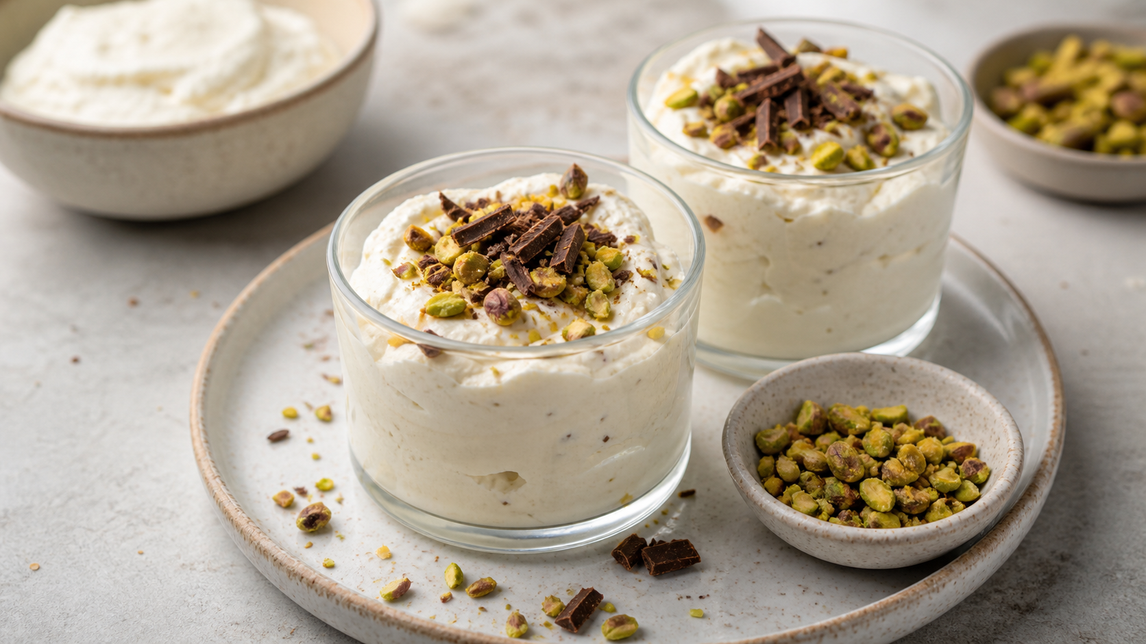 Zwei Gläser mit cremiger Ricotta-Cannoli-Creme, bestreut mit gehackten Pistazien und Schokoladensplittern
