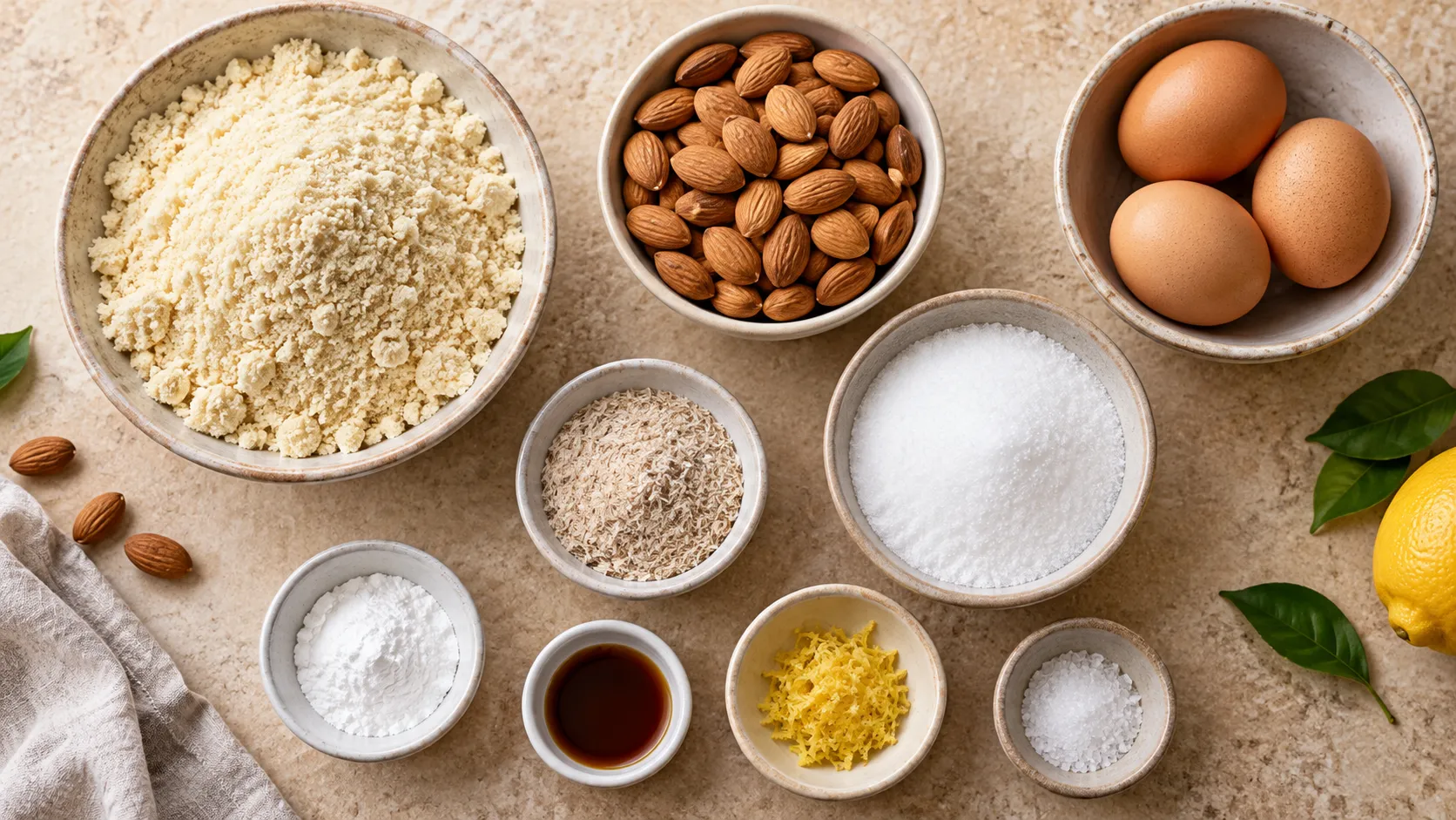 Zutaten für Keto-Cantuccini: gemahlene Mandeln, ganze Mandeln, Eier, Erythrit, Flohsamenschalen, eine Zitrone und Vanille