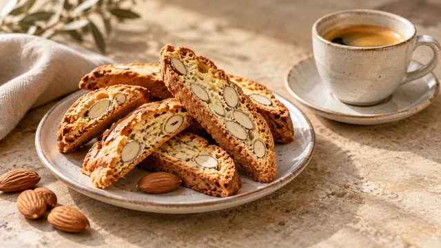 Schräg geschnittene goldbraune Keto-Cantuccini mit sichtbaren ganzen Mandeln, gestapelt neben einer Espressotasse