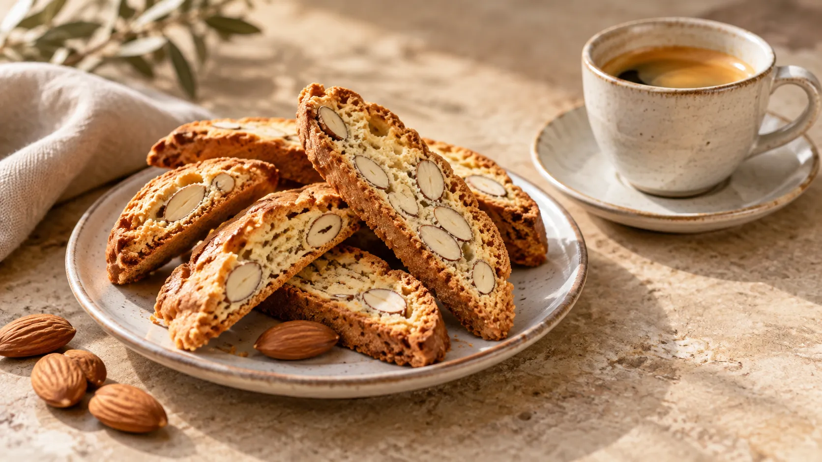 Schräg geschnittene goldbraune Keto-Cantuccini mit sichtbaren ganzen Mandeln, gestapelt neben einer Espressotasse
