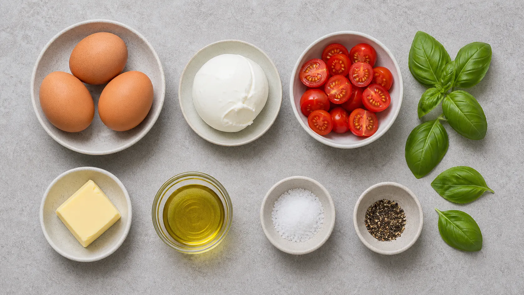 Zutaten für ein Keto-Caprese-Omelett: Eier, Mozzarella, Cherry-Tomaten, Basilikum, Butter und Olivenöl