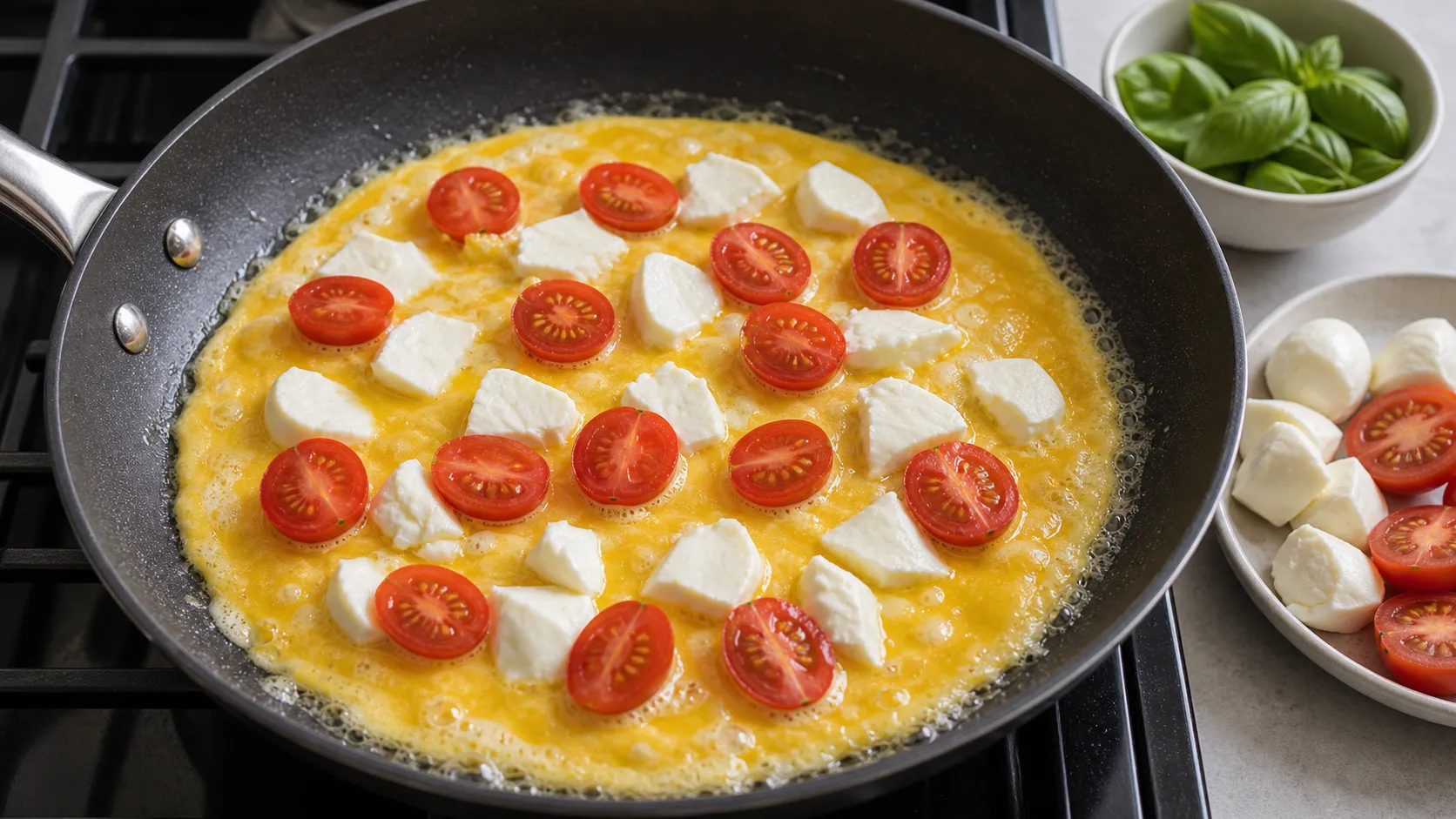 Stockende Eimasse in der Pfanne, belegt mit Mozzarella und Cherry-Tomaten vor dem Zusammenklappen
