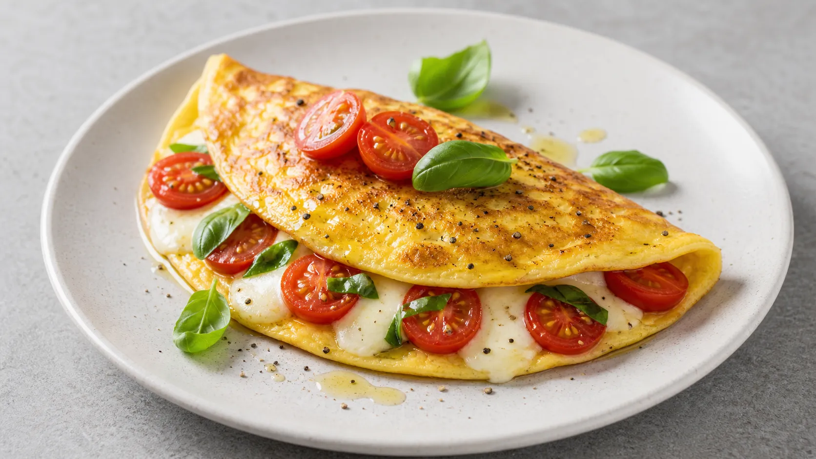 Keto-Caprese-Omelett mit geschmolzenem Mozzarella, Cherry-Tomaten und frischem Basilikum auf einem Teller