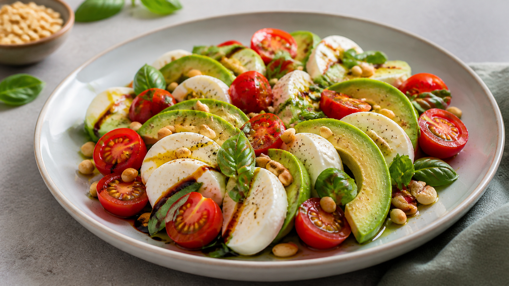 Keto-Caprese-Salat mit Mozzarella, Tomaten, Avocado, Basilikum und gerösteten Pinienkernen auf einem Teller
