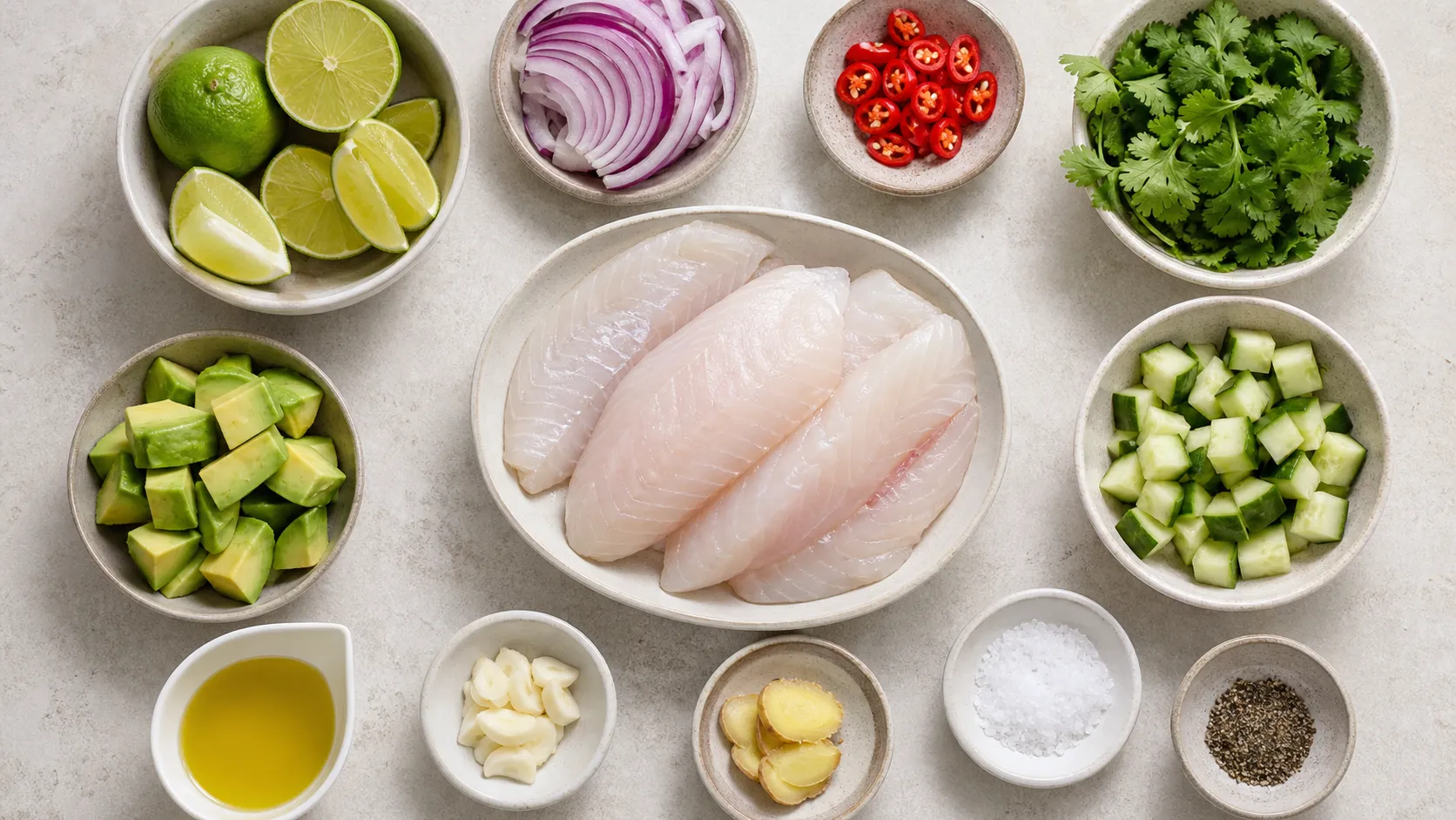 Zutaten für Keto-Ceviche: Wolfsbarschfilet, Limetten, rote Zwiebel, Chili, Koriander, Avocado und Gurke