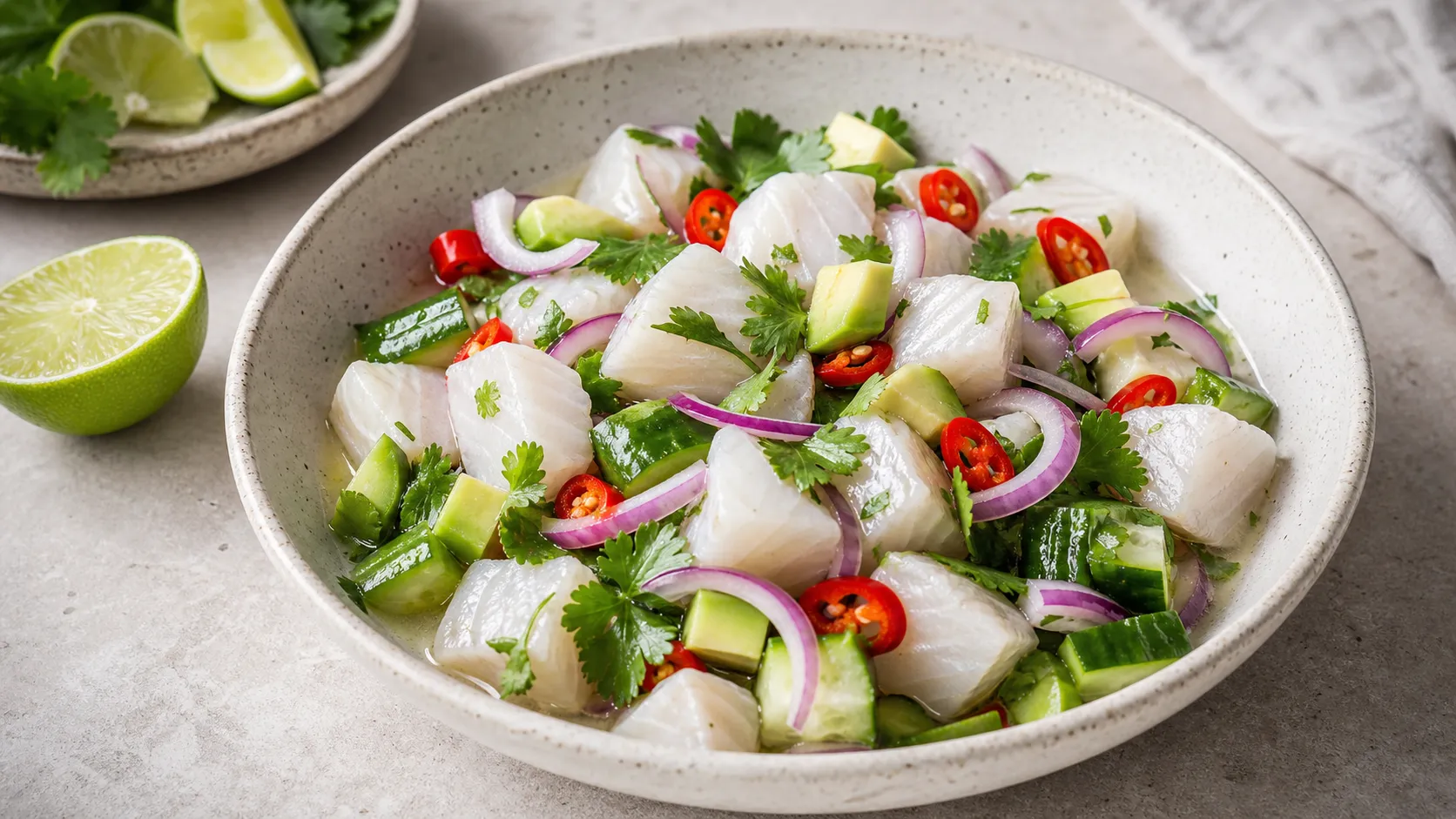 Keto-Ceviche vom Wolfsbarsch mit Limette, roten Zwiebeln, Koriander, Avocado und Gurke in einer flachen Schale