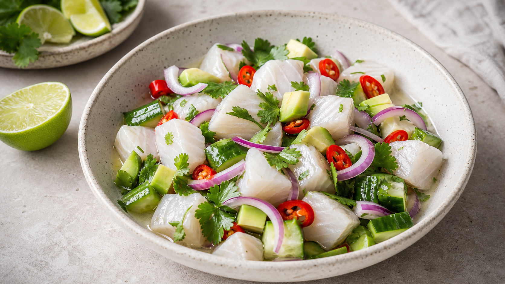Keto-Ceviche vom Wolfsbarsch mit Limette, roten Zwiebeln, Koriander, Avocado und Gurke in einer flachen Schale