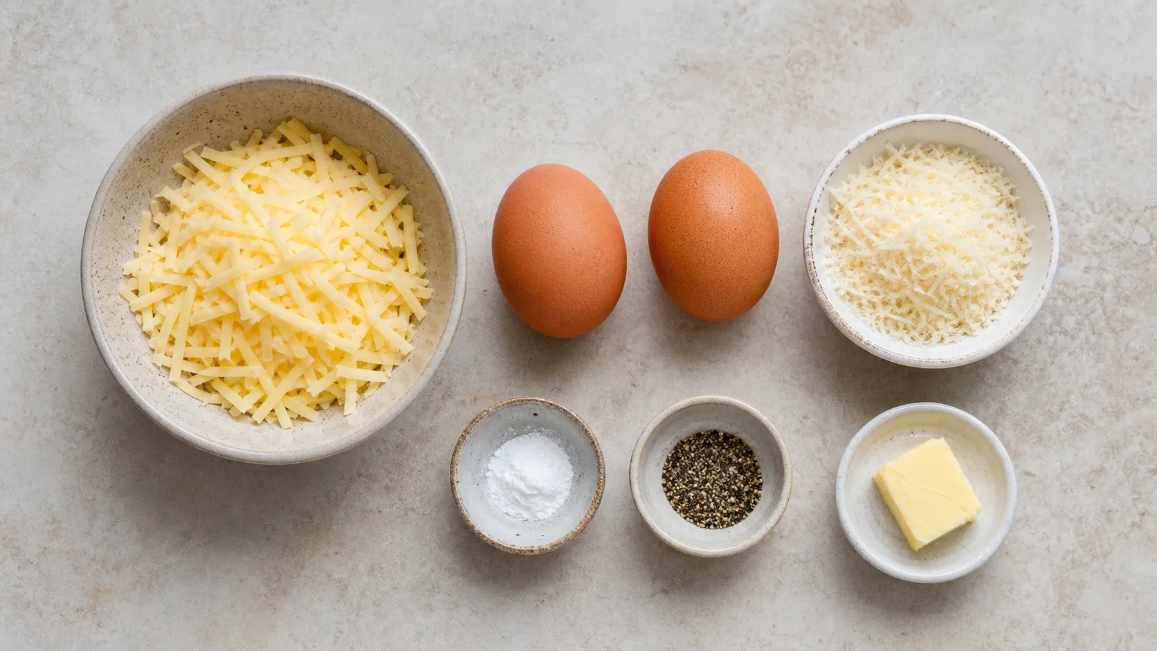 Zutaten für Keto-Chaffles: geriebener Gouda, zwei Eier und geriebener Parmesan in Schalen