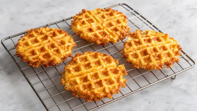 Vier goldbraune Keto-Chaffles aus Käse und Ei auf einem Kuchengitter