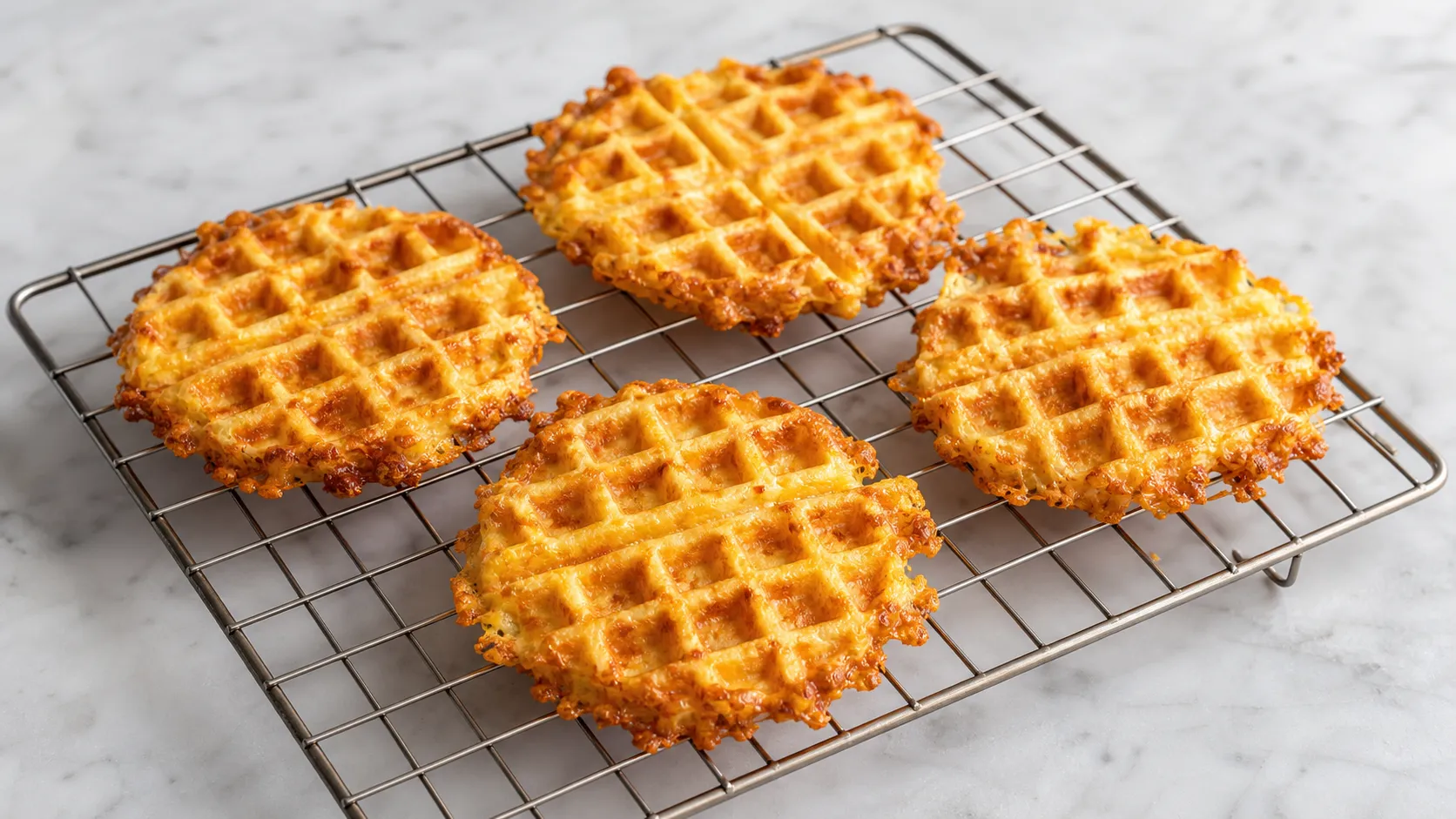 Vier goldbraune Keto-Chaffles aus Käse und Ei auf einem Kuchengitter