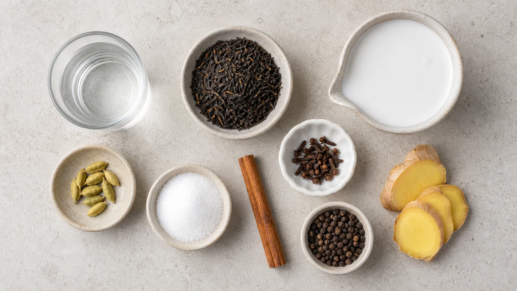 Flatlay der Zutaten für Keto-Chai-Latte mit Schwarztee, Kokosmilch, Kardamom, Zimt, Nelken, Pfeffer, Ingwer und Erythrit
