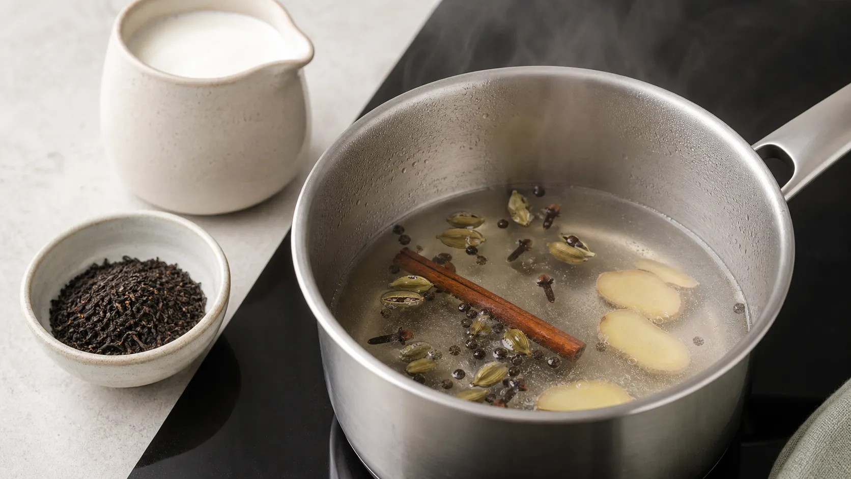 Chai-Gewürze und Ingwer köcheln im Topf für Keto-Chai-Latte mit Kokosmilch