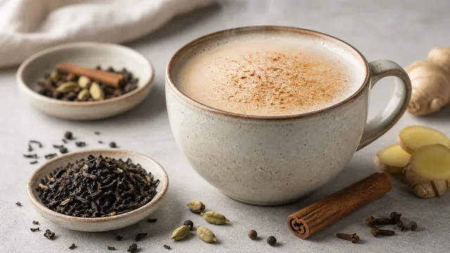 Keto-Chai-Latte mit Kokosmilch, Milchschaum, Zimt und ganzen Chai-Gewürzen in einer Tasse