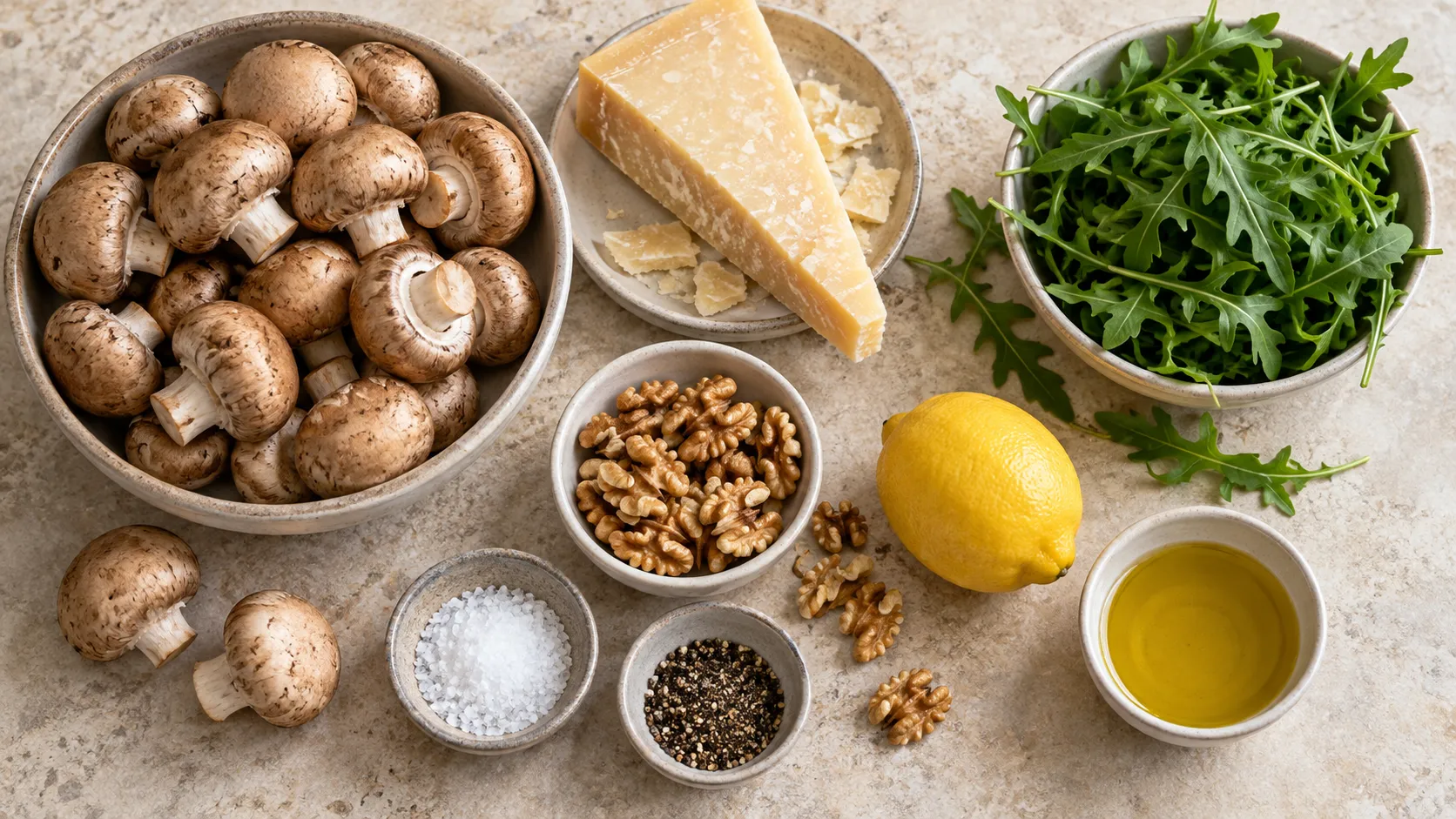 Zutaten für Keto-Champignon-Carpaccio: braune Champignons, ein Stück Parmesan, Rucola, Walnüsse, eine Zitrone, Olivenöl, Salz und Pfeffer