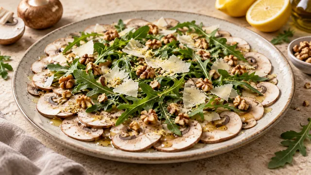 Hauchdünn gehobelte rohe Champignons dachziegelartig auf einem flachen Teller, mit Parmesanspänen, Rucola, Walnüssen und Olivenöl