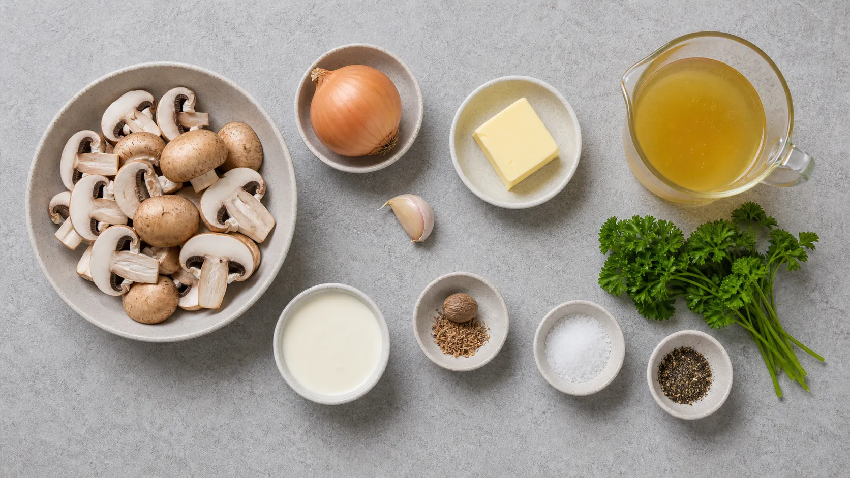 Zutaten für Keto-Champignon-Cremesuppe: Champignons, Zwiebel, Knoblauch, Butter, Sahne, Gemüsebrühe und Petersilie