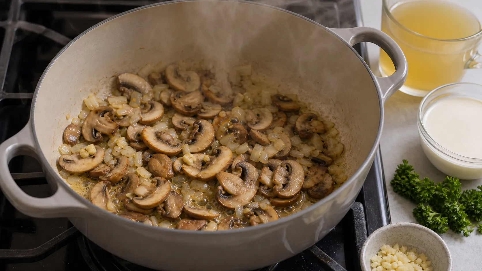 Champignons und Zwiebeln braten in Butter im Topf an, bevor Brühe und Sahne dazukommen