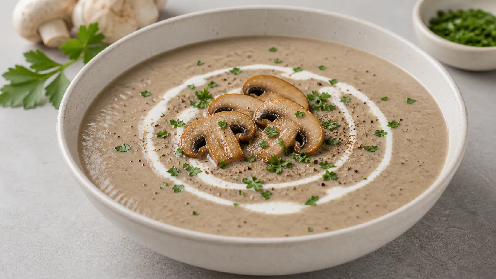 Cremige Keto-Champignon-Cremesuppe in einem Teller, garniert mit Sahne, gebratenen Champignonscheiben und Petersilie