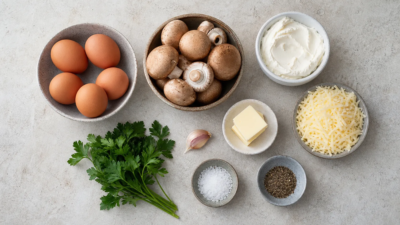 Zutaten für Keto-Frittata: Eier, braune Champignons, Frischkäse, Butter, Käse und Petersilie